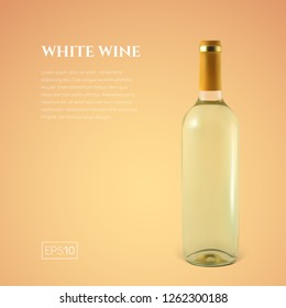 Photorealistic bottle of white wine on a yellow background. Mock up transparent bottle of wine. Template for product presentation or advertising in a minimalistic style.