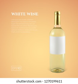 Photorealistic bottle of white wine on a yellow background. Mock up transparent bottle of wine. Template for product presentation or advertising in a minimalistic style.