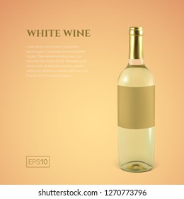 Photorealistic bottle of white wine on a yellow background. Mock up transparent bottle of wine. Template for product presentation or advertising in a minimalistic style.