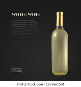 Photorealistic bottle of white wine on a black background. Mock up transparent bottle of wine. Template for product presentation or advertising in a minimalistic style.