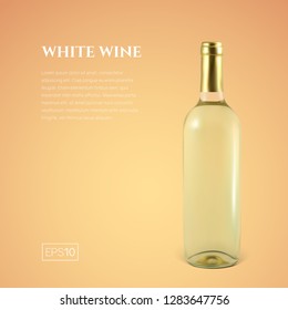 Photorealistic bottle of white wine on a yellow background. Mock up transparent bottle of wine. Template for product presentation or advertising in a minimalistic style.