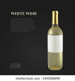 Photorealistic bottle of white wine on a black background. Mock up transparent bottle of wine. Template for product presentation or advertising in a minimalistic style.