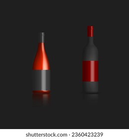 Photorealistic bottles of red wine with mirror reflection. Front view, vector illustration.