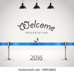 Photorealistic bright stage with lamps and ribbon. Presentation vector template