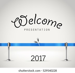Photorealistic bright stage with projectors and blue ribbon. Presentation vector template. Vector stage