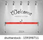 Photorealistic bright stage with projectors and red ribbon. Presentation vector template