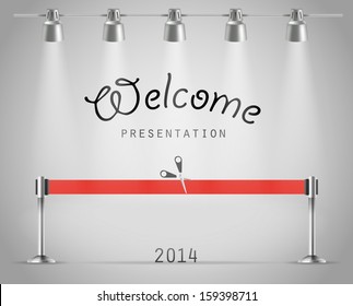 Photorealistic bright stage with projectors and red ribbon. Presentation vector template