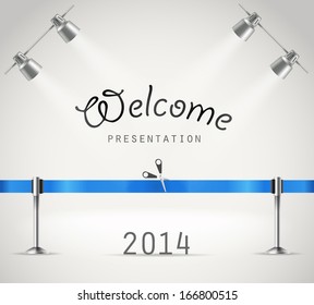 Photorealistic bright stage with projectors and red ribbon. Presentation vector template