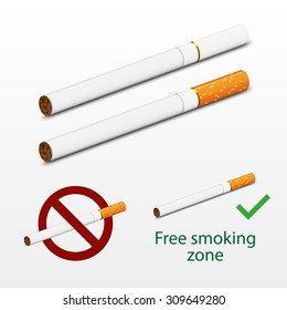 Photorealistic cigarettes vector. 3d imitation design. Including two cigarettes - white and brown, signs Free smoking and Don't Smoke. Cigarettes realistic imitation.