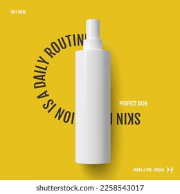 Photorealistic cosmetic packaging plastic white shampoo bottle. Yellow background of the shower gel vector graphics template eps