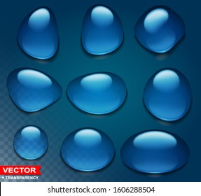 Photorealistic detailed blue big water drops. Cartoon style. Transparent layered vector.
