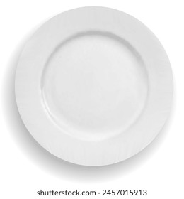 Photorealistic drawing of a white plate, close-up top view, isolated on a white background