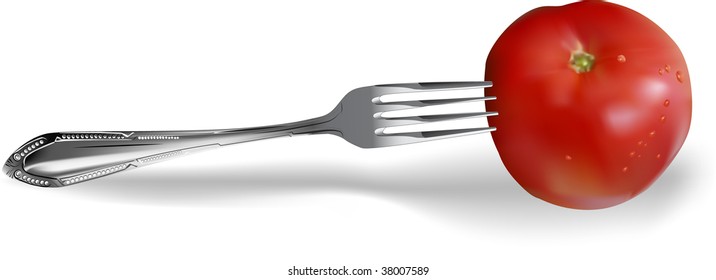 Tomate fresco fotorealista con tenedor. Vector