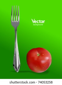 Photorealistic fresh tomato with fork. Vector