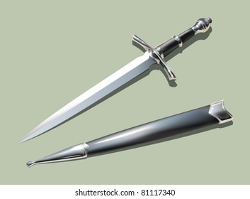 Photo-realistic medieval dagger with scabbard, vector illustration