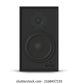 Photorealistic music loudspeaker isolated on white background. Front view, 3D vector illustration.