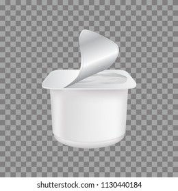 Photo-realistic opened Yogurt in plastic cup isolated on transparent background. Mock up of White plastic pot with foil cover for yogurt and other products.