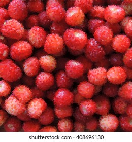Photorealistic polygonal strawberry background. Vector illustration with many triangular shapes. Decorative bright backdrop. Wallpaper with many mature red strawberries