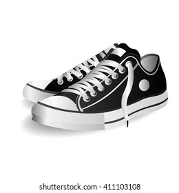 Photo-realistic sports shoes illustration, pair of black and white sneakers isolated on white
