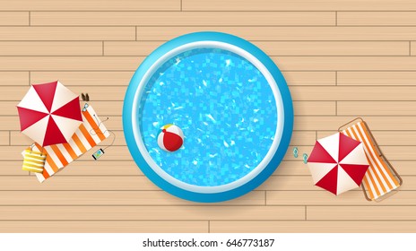Photorealistic Summer Vector Background. Top View of Fastpool and parasol.