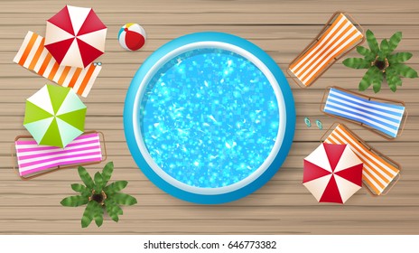 Photorealistic Summer Vector Background. Top View of Fastpool and parasol.