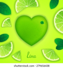 Photorealistic surround lime in the form of heart with slices around. Fruity creative design