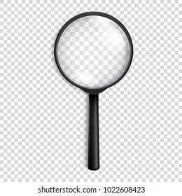 Photo-realistic vector 3d black magnifying glass or Loup icon closeup isolated on transparency grid background. Design template for graphics