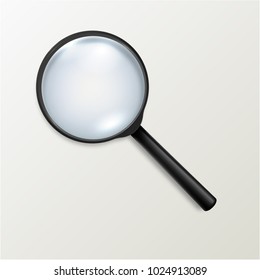 Photo-realistic vector 3d black magnifying glass or Loup icon closeup isolated on white background. Design template for graphics
