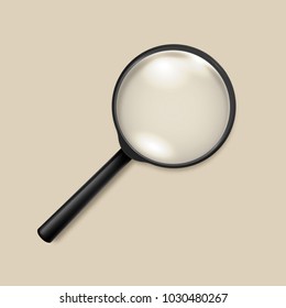 Photo-realistic vector 3d black magnifying glass or Loup icon closeup top view. Design template for graphics