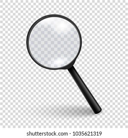 Photo-realistic vector 3d black magnifying glass or Loupe icon closeup isolated on transparency grid background, side view with shadow. Design template for graphics