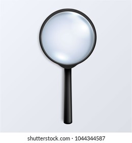 Photo-realistic vector 3d black magnifying glass or Loup icon closeup isolated on white background. Top view. Design template for graphics