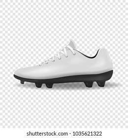 Photo-realistic vector 3d white empty, blank mens football or soccer boots, shoes icon closeup isolated on transparency grid background. Soccer game professional footballers equipment. Design template