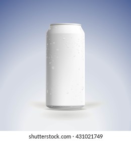 Photorealistic vector beer can mock-up with water drops.