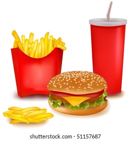 Photo-realistic vector. Big group of fast food products.