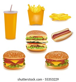 Photo-realistic vector. Big group of fast food products.