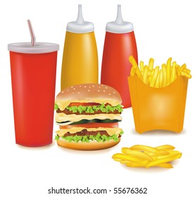 fotorealistische Vektorgrafik. Große Gruppe von Fast-Food-Produkten.