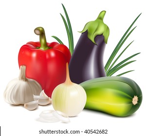 Photorealistic vector. Colorful fresh group of vegetables.