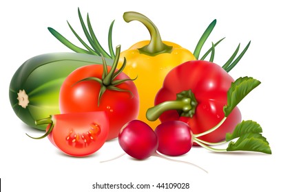 Photo-realistic vector. Colorful fresh group of vegetables.