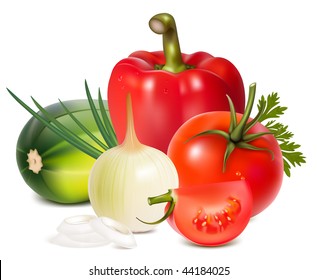 Photo-realistic vector. Colorful fresh group of vegetables.