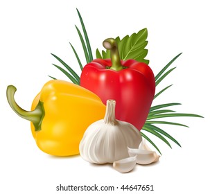 Photo-realistic vector. Colorful fresh group of vegetables.