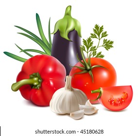 Photo-realistic vector. Colorful fresh group of vegetables.