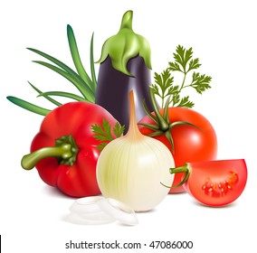 Photo-realistic vector. Colorful fresh group of vegetables.