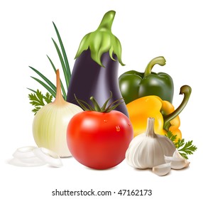 Photo-realistic vector. Colorful fresh group of vegetables.