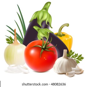 Photo-realistic vector. Colorful fresh group of vegetables.