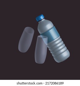 Photorealistic vector drawing of a bottle with glasses. 3d water bottle and glass. Blue bottle and transparent glasses.