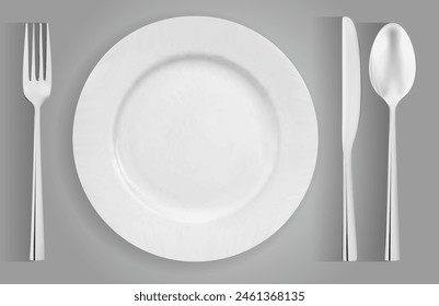 Photorealistic vector drawing of a set of cutlery ready to eat according to all the rules of etiquette from a white plate, metal fork, knife and spoon view from above