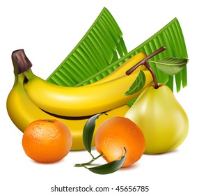 Photo-realistic vector. Fresh tangerine fruits with green leaves, banana and ripe pear.