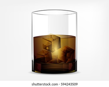 Photo-realistic vector glass of alcohol, scotch whiskey and ice cubes on a white background.