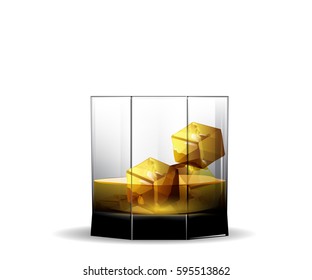 Photo-realistic vector glass of alcohol, scotch whiskey and ice cubes on a white background.