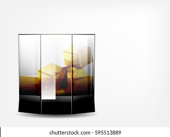 Photo-realistic vector glass of alcohol, scotch whiskey and ice cubes on a white background.